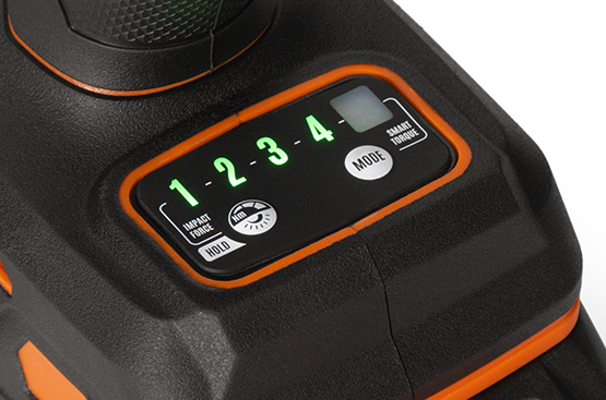 Гайковерт оснащен 4 предустановленными режимами крутящего момента: «1» - 500 Нм «2» - 600 Нм «3» - 700 Нм «4» - 850 Нм Переключение осуществляется кнопкой «Nm» на панели управления.